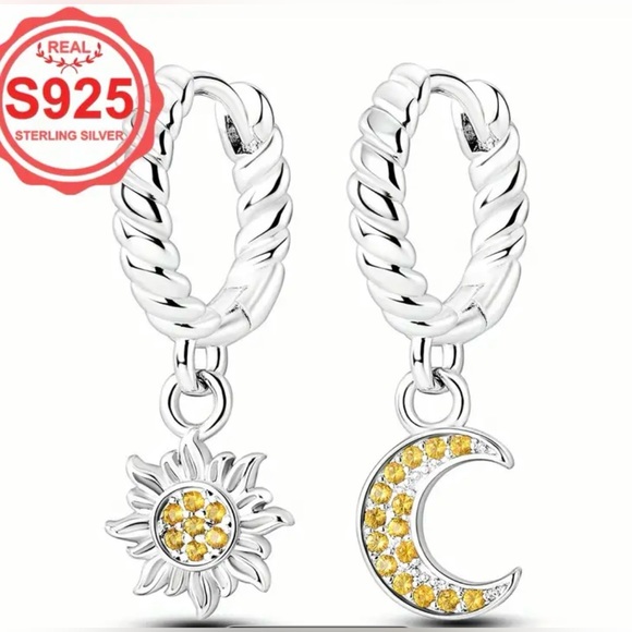 STERLING SILVER SUN & MOON EARRINGS, s925 - Picture 4 of 4